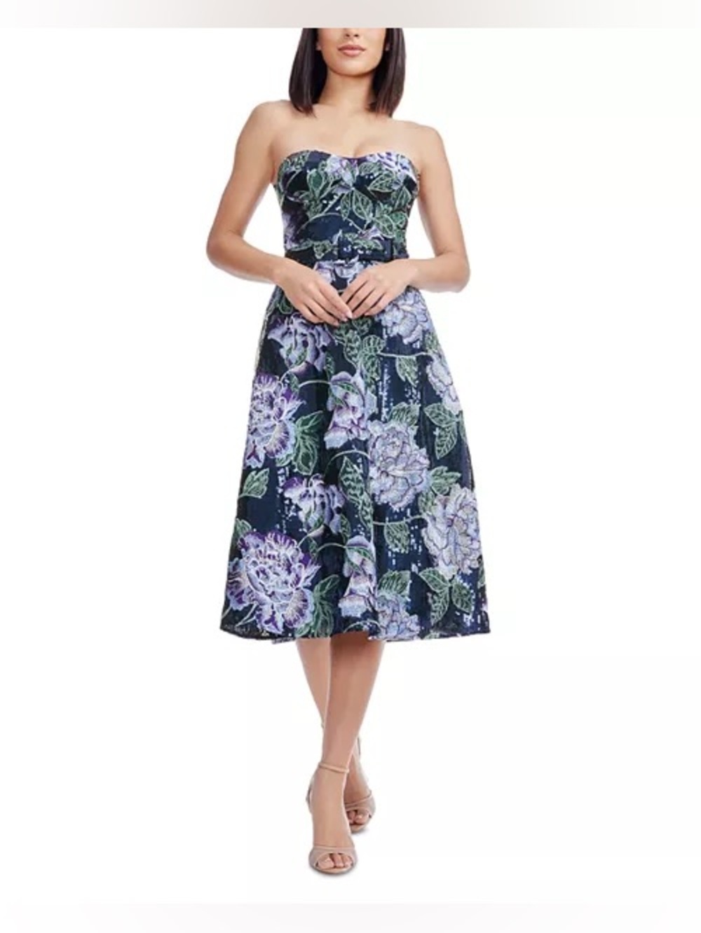 new Dress the Population Carlita strapless sequin floral embellished midi dress